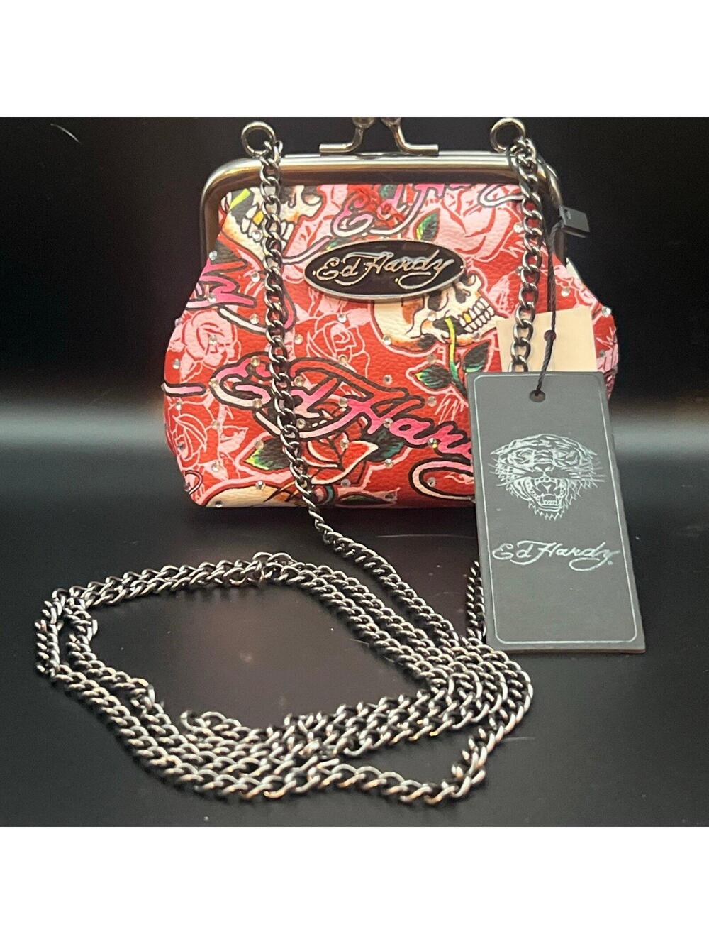 Ed Hardy Red Skull and Roses Chain Shoulder Bag